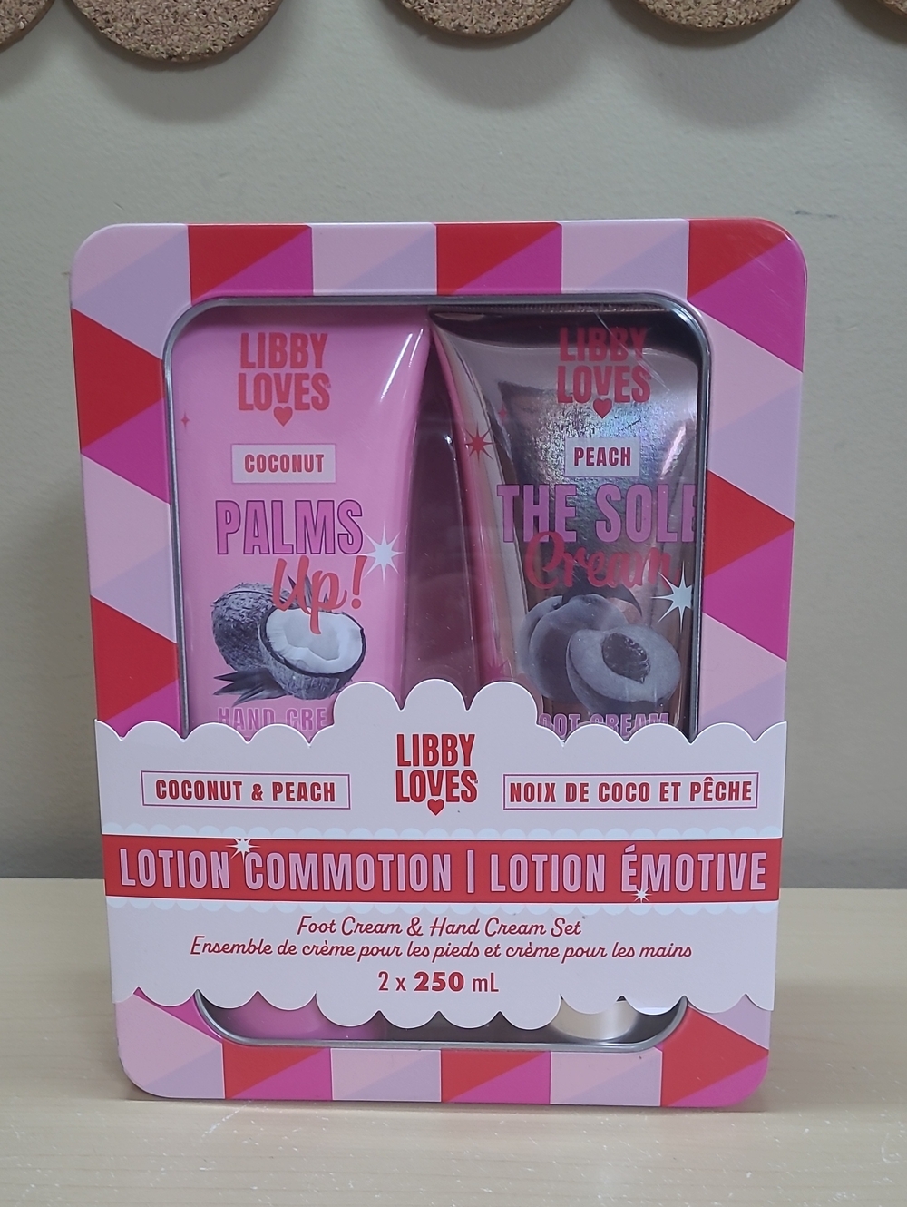 Libby Loves Coconut & Peach Hand & Foot Cream Set In Red/Pink/Lavendar Metal Box